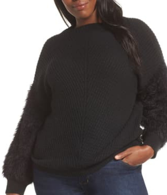CeCe Sweaters - Cece XXL Black Fuzzy Sleeves Knit Sweater